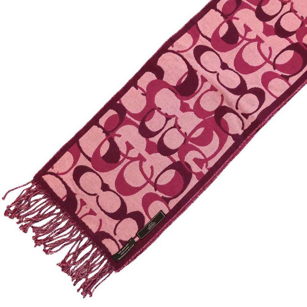 COACH Pink Multi-Color Monogram C Logo Merino Wool Pre-owned Fringed Scarf - Picture 8 of 16